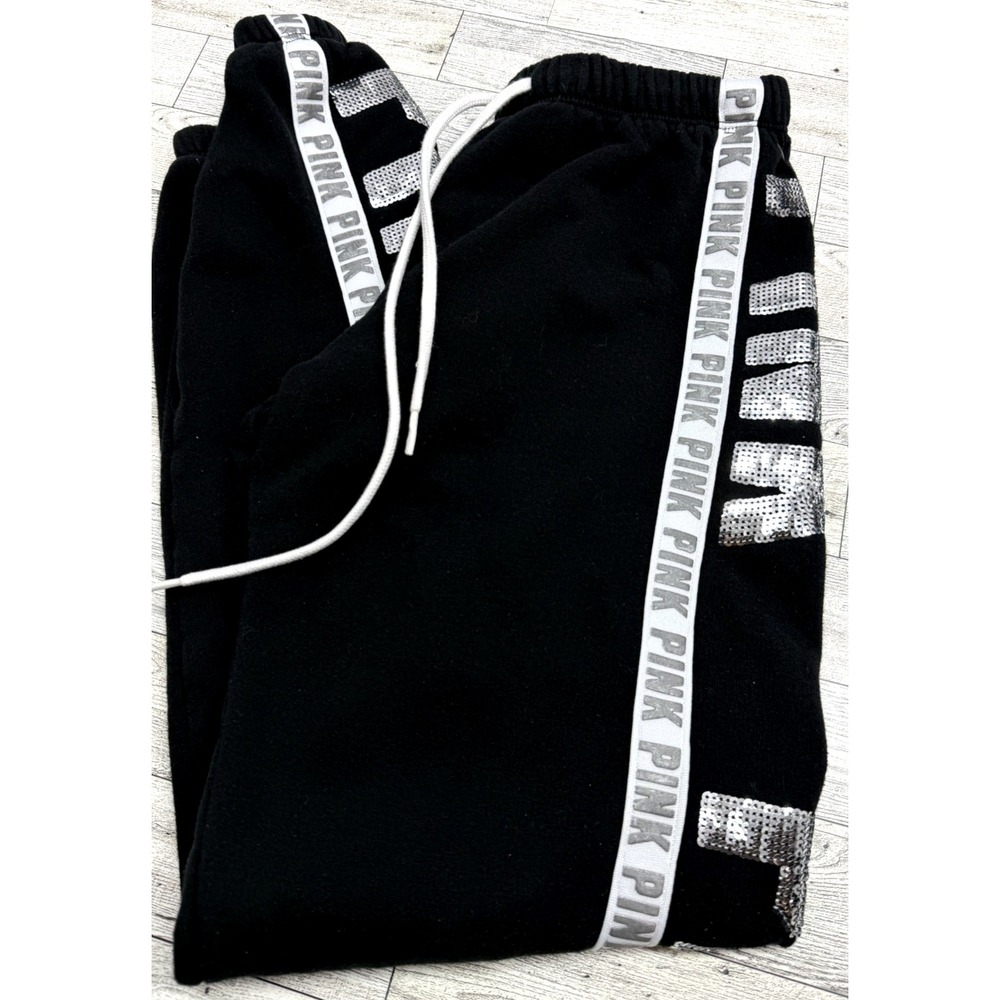 Y2K PINK Victoria's Secret Classic Sequin Bling Black size XS Jogger Sweatpants